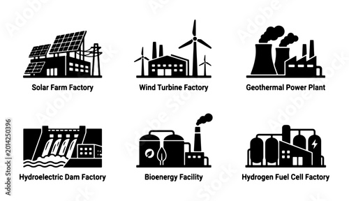 Foto Renewable Energy Factories Set: Solar, Wind, Geothermal, Hydroelectric, Bioenerg