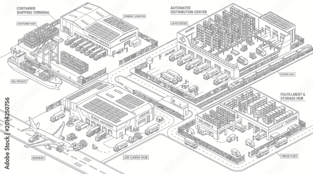 Fototapeta premium Isometric line drawing illustrating a comprehensive logistics and distribution complex with shipping terminals, automatic warehouses, smart logistics, and technical labs.
