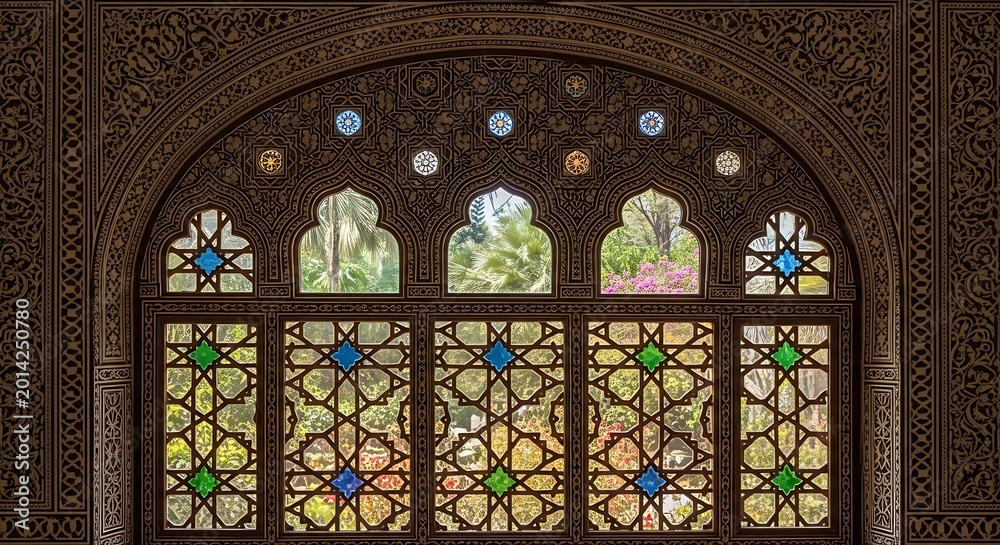 Obraz premium Intricate arched window with stained glass geometric patterns, looking out to greenery