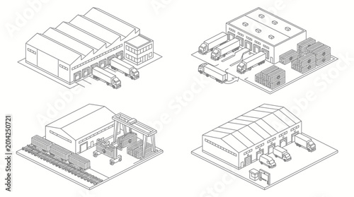 Isometric line art illustrations of various industrial buildings, warehouses, and logistics centers with trucks, trains, and loading docks.