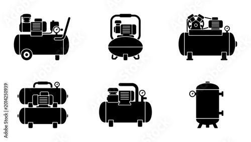Fotografija Air Compressor Icons Set, Industrial Machine Vector Graphics, Pneumatic Equipmen