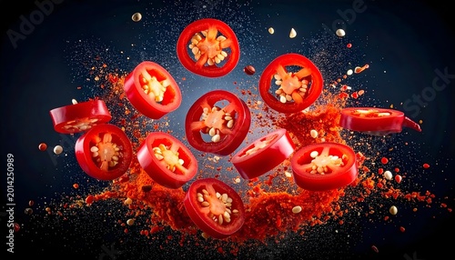 Leuchtend rote Chilischotenscheiben, die vor einem schwarzen Hintergrund in der Luft schweben.