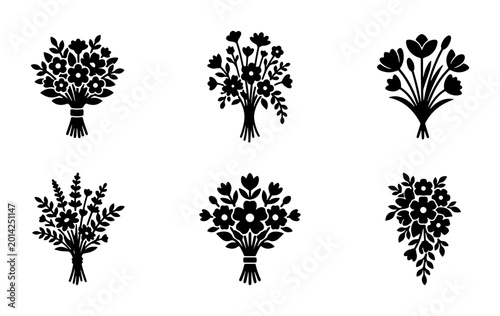 Elegant Floral Bouquets Vector Icons Set, Delicate Flower Arrangements, Romantic Botanical Designs, Simple Black and White Graphics for Invitations and Decor
