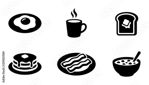 Photos Breakfast Icons Set: Fried Egg, Coffee Cup, Buttered Toast, Pancakes, Bacon Stri