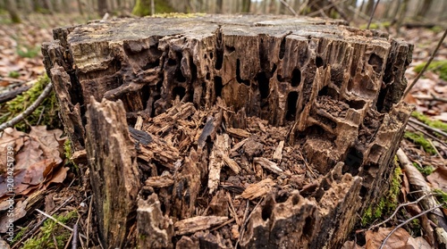 Decayed tree stump with termite damage in forest environment  