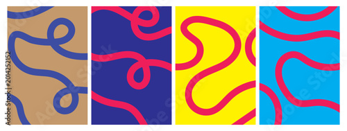 Abstract set of four vertical posters featuring wavy flowing lines on vibrant solid color backgrounds including tan blue yellow and cyan hues perfect for modern minimalist wall art decor print design.