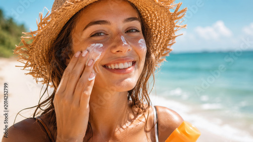 Young woman applying sunscreen on tropical beach during sunny summer vacation with healthy skincare and relaxed lifestyle