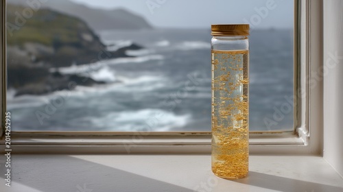 Cultivated seafood cells growing in a transparent flask inside a small coastal food lab, grey ocean visible through a foggy window, amber nutrient medium, ideal for cell-based seafood, sustainable