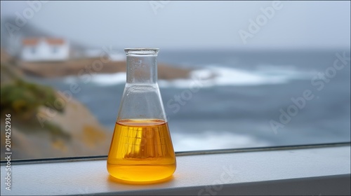 Cultivated seafood cells growing in a transparent flask inside a small coastal food lab, grey ocean visible through a foggy window, amber nutrient medium, ideal for cell-based seafood, sustainable