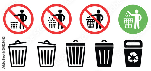 Recycling and waste disposal prohibition icon set, restricted trash and environmental regulation symbols, red ban signs for recycling rules, clean vector illustration for public safety, sanitation sys