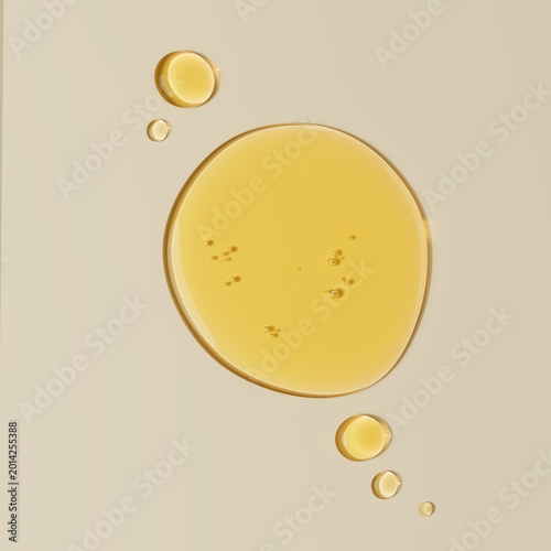 Oil texture golden drop, cosmetic product yellow round stain swatch. 3d rendering skin care beauty product texture puddle on beige background