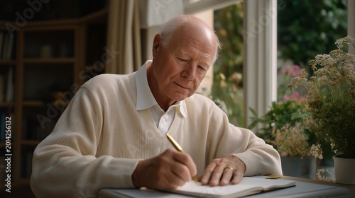 Senior man in minimalist studio writing corner, pen moving across journal page, single window with June garden visible outside, pressed flower from bereavement counseling session marking page,