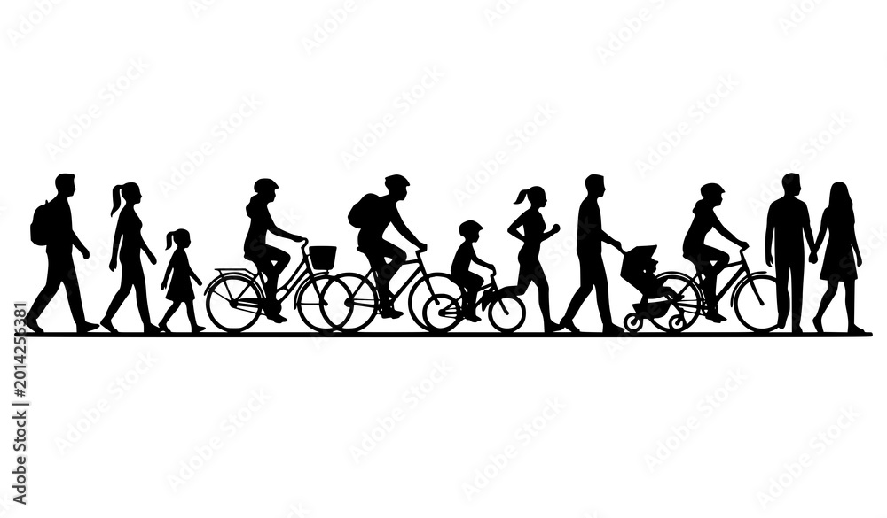 Obraz premium People Walking and Cycling Silhouette Vector Illustration with Urban Lifestyle and Transportation Scene