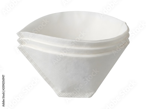 Coffee filters are arranged in a stack, showing their conical shape and clean white color. These filters are designed to hold coffee grounds during brewing