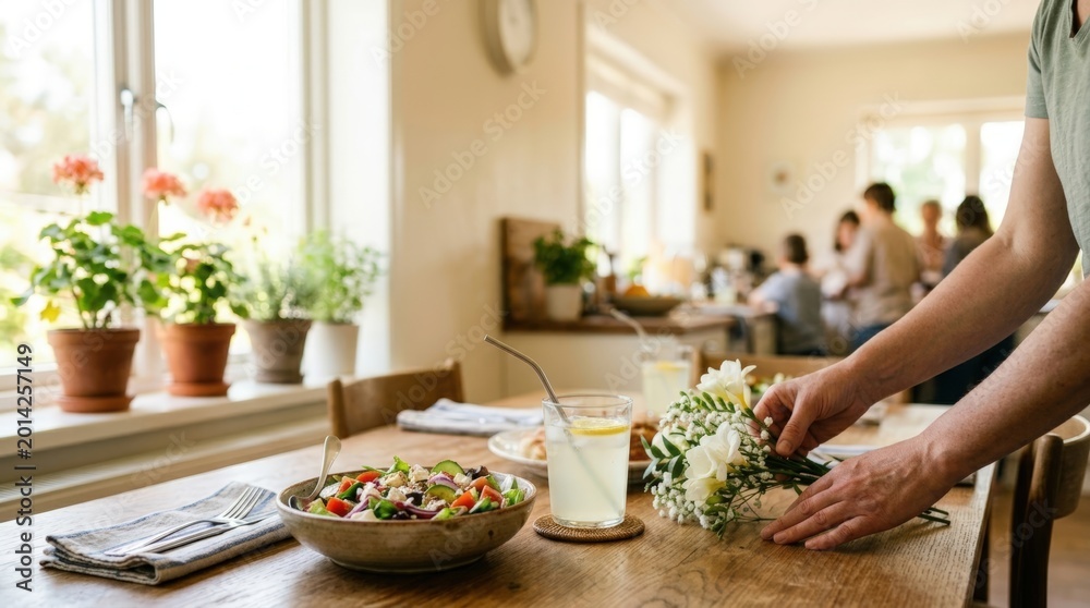Fototapeta premium Vertical scene of hands placing white flowers beside salad and lemonade on kitchen table