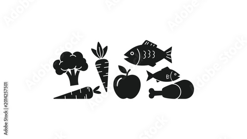 Black and white food icons set with vegetables and meat