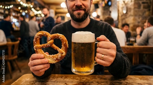 A man holds a large pretzel in one hand and a glass of beer in the other. He sits at a wooden table in a busy bar filled with other patrons during the evening