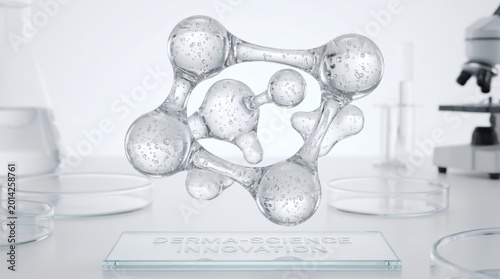 Advanced skincare serum hydration liquid cosmetic beauty science innovation with 3D molecular structure in laboratory setting for dermatology research and professional medical skin treatment.