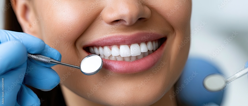 Fototapeta premium Close up dental examination showing a patient's healthy teeth and gums with a dental mirror being used in a studio setting with soft lighting