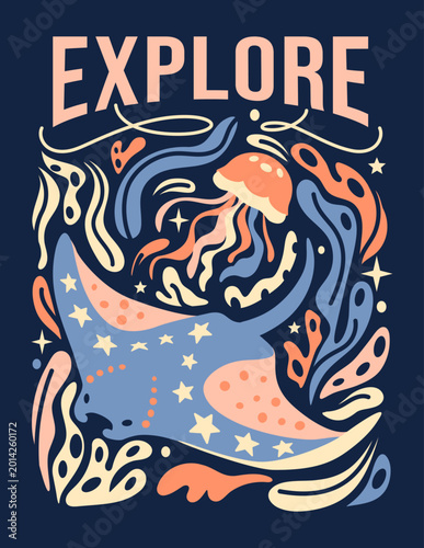 Slika na platnu "Explore" underwater naive flow poster featuring marine corals, plants, and a gliding stingray