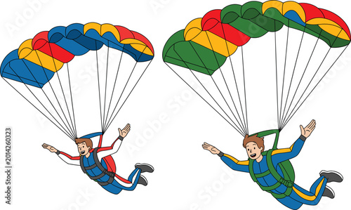 Tableau sur toile Skydiving vector illustration showing two skydivers gliding down with bright col