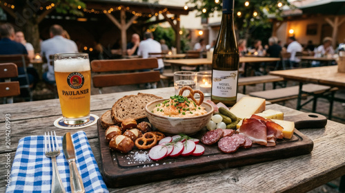 Obatzda Cheese Platter with Pretzels in Rustic German Beer Garden