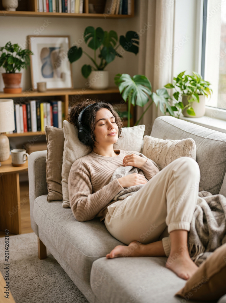 Obraz premium Woman relaxing on sofa with headphones