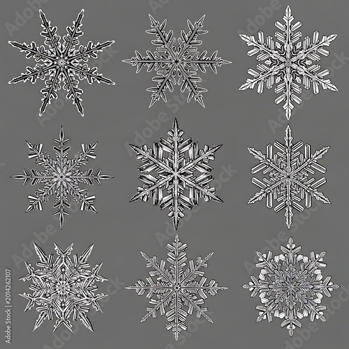 Intricate, detailed frost patterns arranged in a three-by-three grid on a muted background