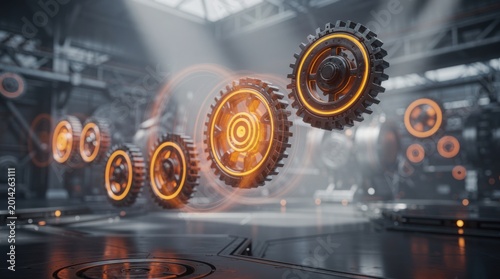 An advanced industrial scene with levitating, glowing gears and light effects.