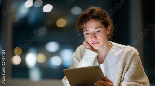 Digital therapeutics app interface displayed on tablet held by tired night-shift nurse in break room, warm fluorescent lighting, prescription mental health software, clinical burnout prevention,