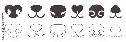Set of animal nose silhouettes and outlines for dogs, cats, and pets