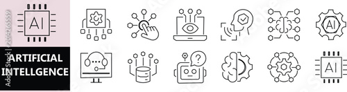 Generative AI line icon set featuring artificial intelligence. Containing machine Learning, generative ai, cloud computing, virtual assistant, smart robotic. AI Technology, Machine Learning, Automatio