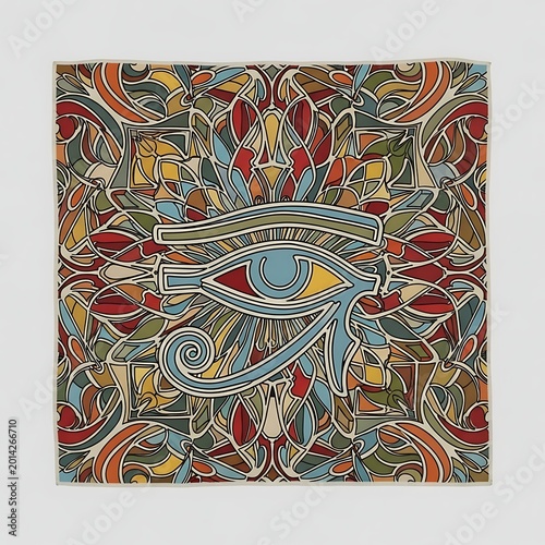 Intricate Egyptian eye motif in vibrant, abstract stained-glass style