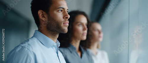 Focused diverse professional teamwork business office leadership collaboration determination success Focused diverse professionals standing together modern office looking out window with