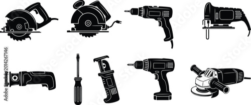 Collection of black silhouette of power tools and hand tools circular saw jigsaw reciprocating saw