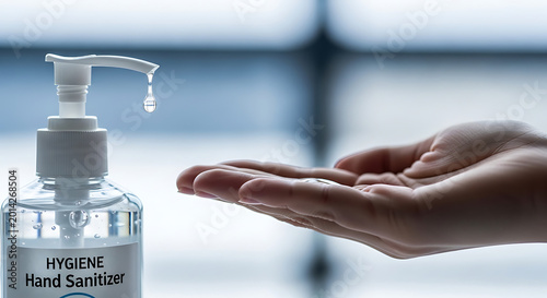 Close-up of clear liquid drop falling into palm for hygiene and disinfection.