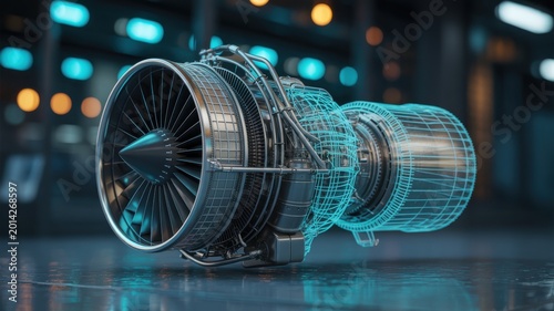 Jet turbine engine with blue digital twin wireframe overlay in high tech workshop