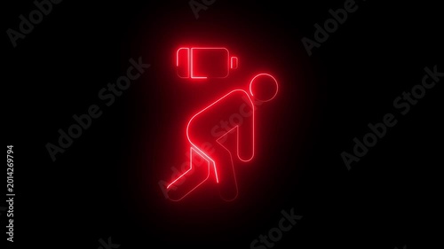 Neon low battery exhausted person animation, burnout and fatigue concept, glowing red energy depletion symbol on black background
