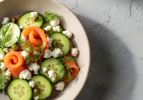 Smoked salmon and cucumber salad with feta and dill close up