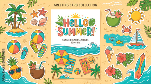 Hello Summer greeting card collection featuring retro beach stickers, palm trees, surfboard, coconut drink, and seaside top view illustration in vintage style.
