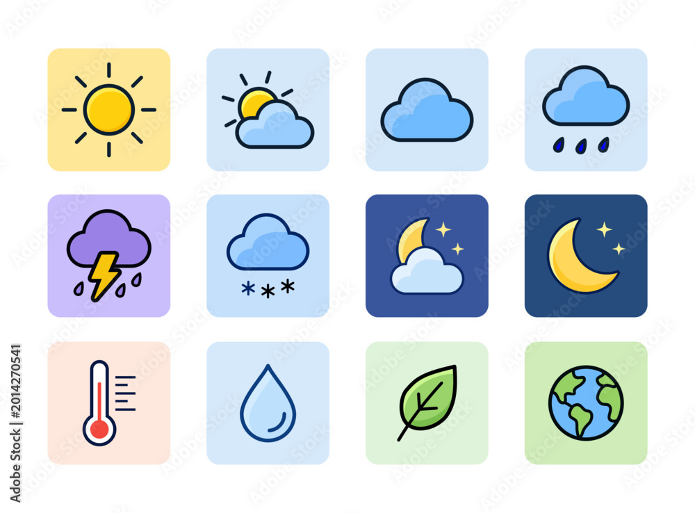 Fototapeta premium Weather and environment icons set logo vector illustration template. Simple design hand draw