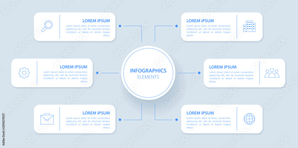 Fototapeta premium Ifographic elements and six text blocks with icons, connected by lines for workflow layout.