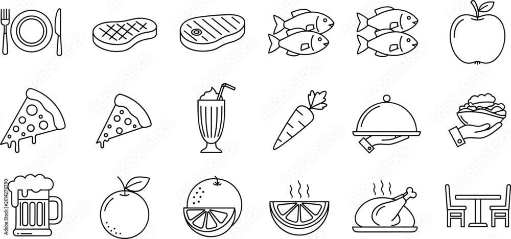Fototapeta premium Food and Restaurant Line Icons Set with Meals Drinks Fruits Seafood Pizza and Dining Outline Collection