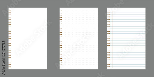 Fotografi paper notebook, blank paper note book, notebook sheet, notebook page template, line notepad pages, dot graph notepad page vector illustration