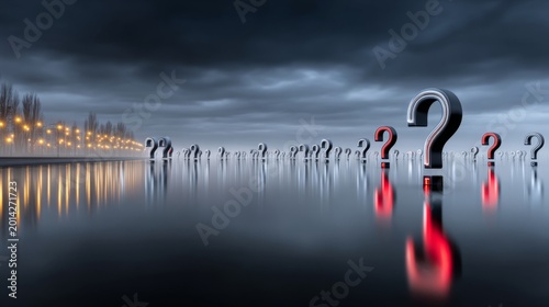 Surreal landscape with question marks rising from calm water under a cloudy sky