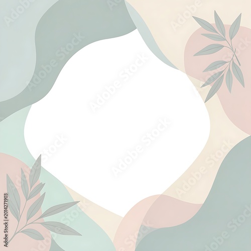 Abstract shapes and leaves frame empty space