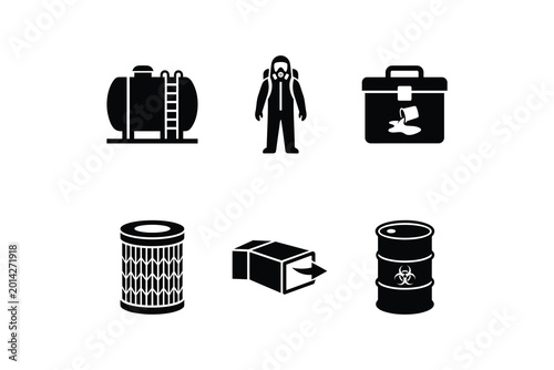 Hazardous Material Handling Icon Set with Storage Tank Hazmat Suit and Biohazard Barrel