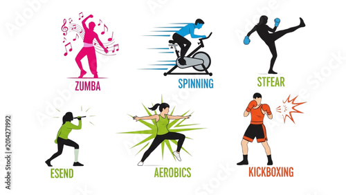 Group Fitness Classes Icon Set: Colorful Vector Graphics for Zumba, Spinning, Aerobics, and Kickboxing. Perfect for Gym Schedules and Fitness Apps