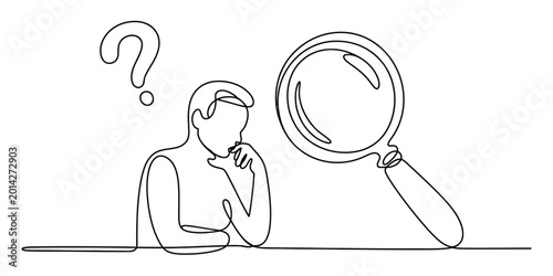 Bild auf Leinwand Continuous line drawing of a man thinking with a magnifying glass and a question
