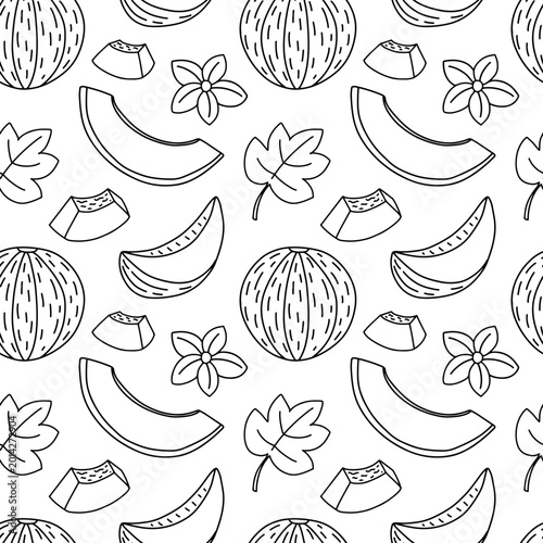 Melon sketch seamless pattern. Hand drawn pieces of melon black and white pattern